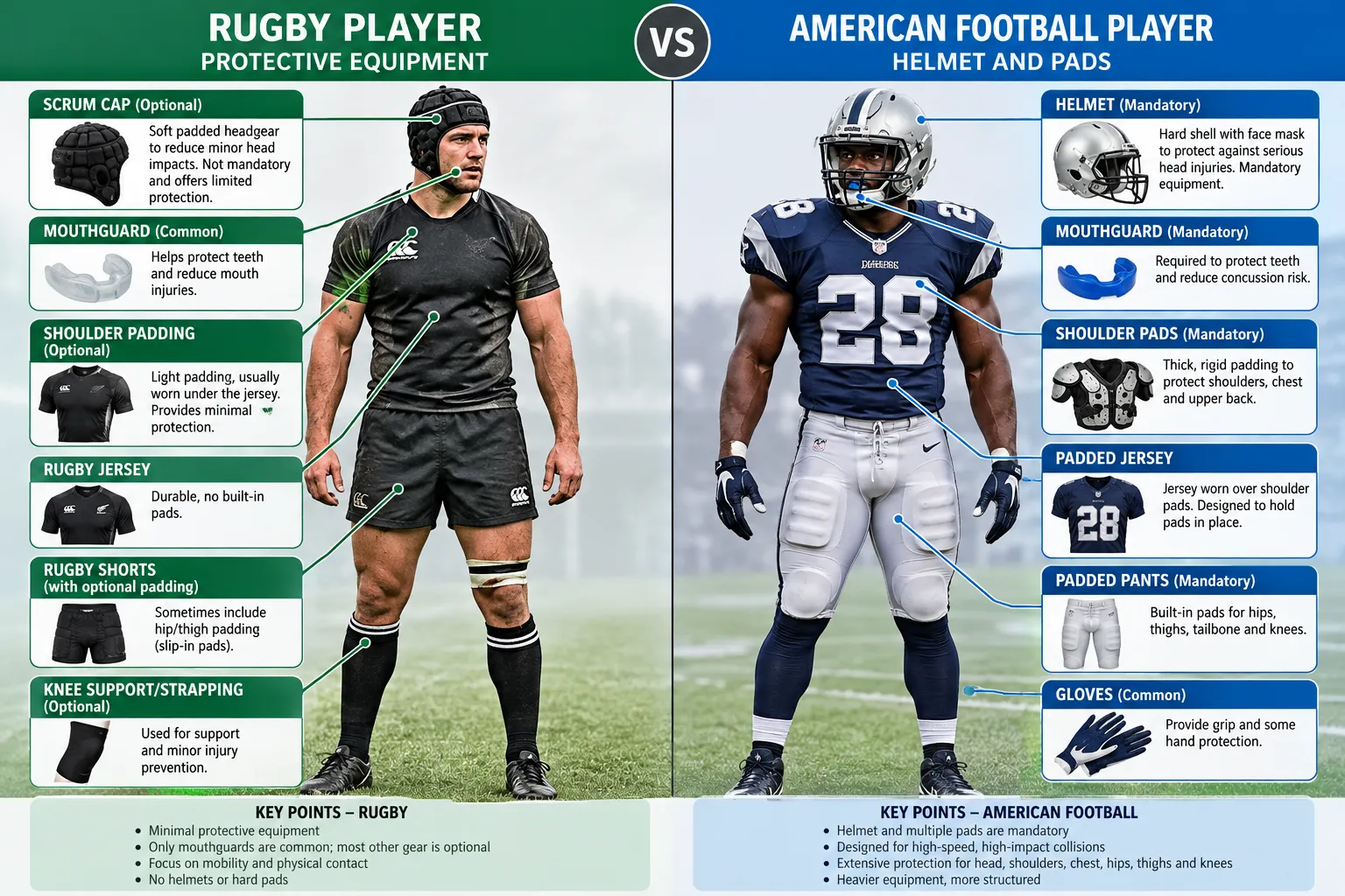 Rugby player protective equipment compared with American football helmet and pads.webp Rugby player protective equipment compared with American football helmet and pads.webp