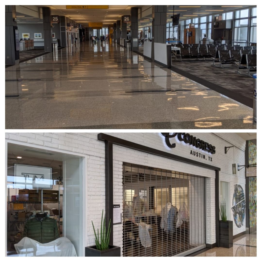 An empty main walkway and closed store front in Austin airport
