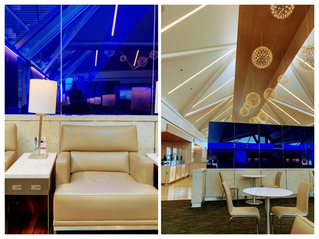 Collage of the Luftansa lounge seating and light fixtures