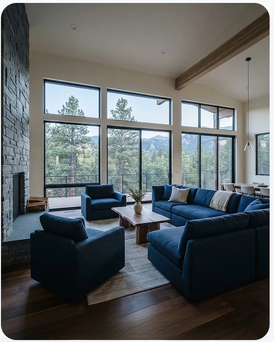 Bright Palmer Lake living room with mountain views