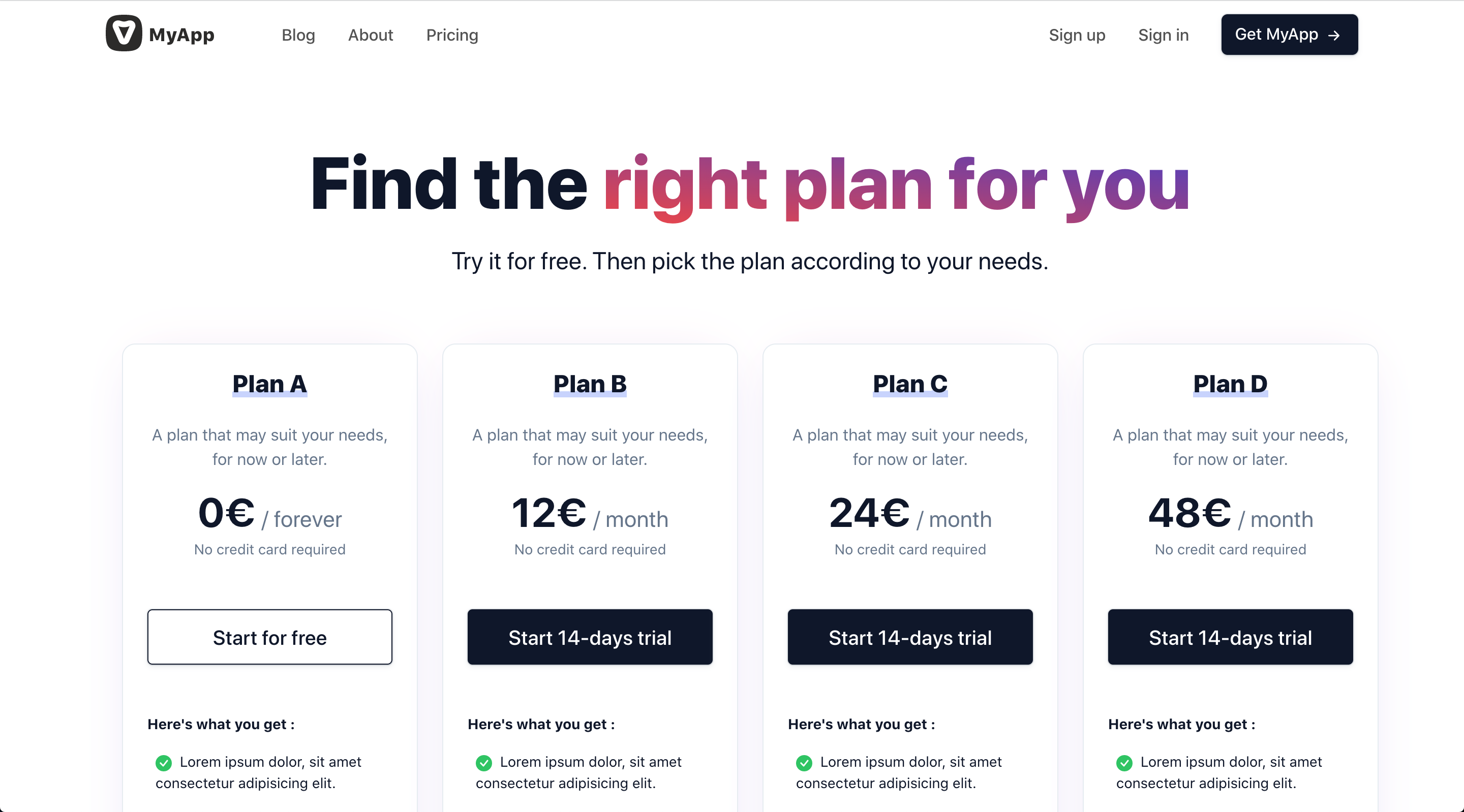 pricing page