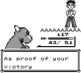 Pokémon Red reward screen showing Brock facing Charmeleon with the message, As proof of your victory