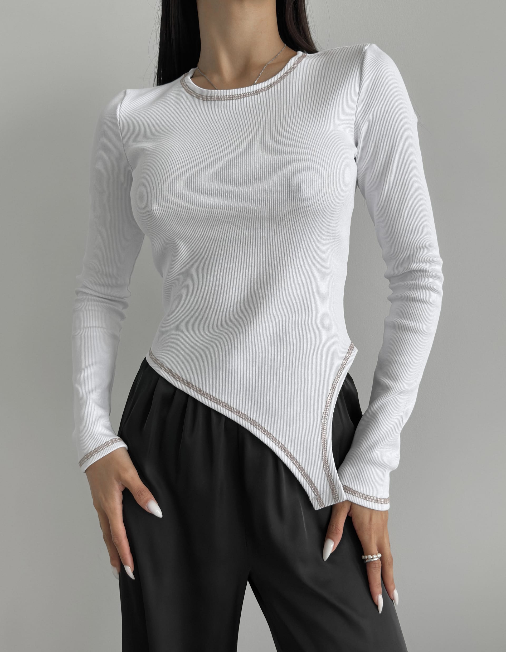 Asymmetric ribbed long-sleeve top – white — photo 3