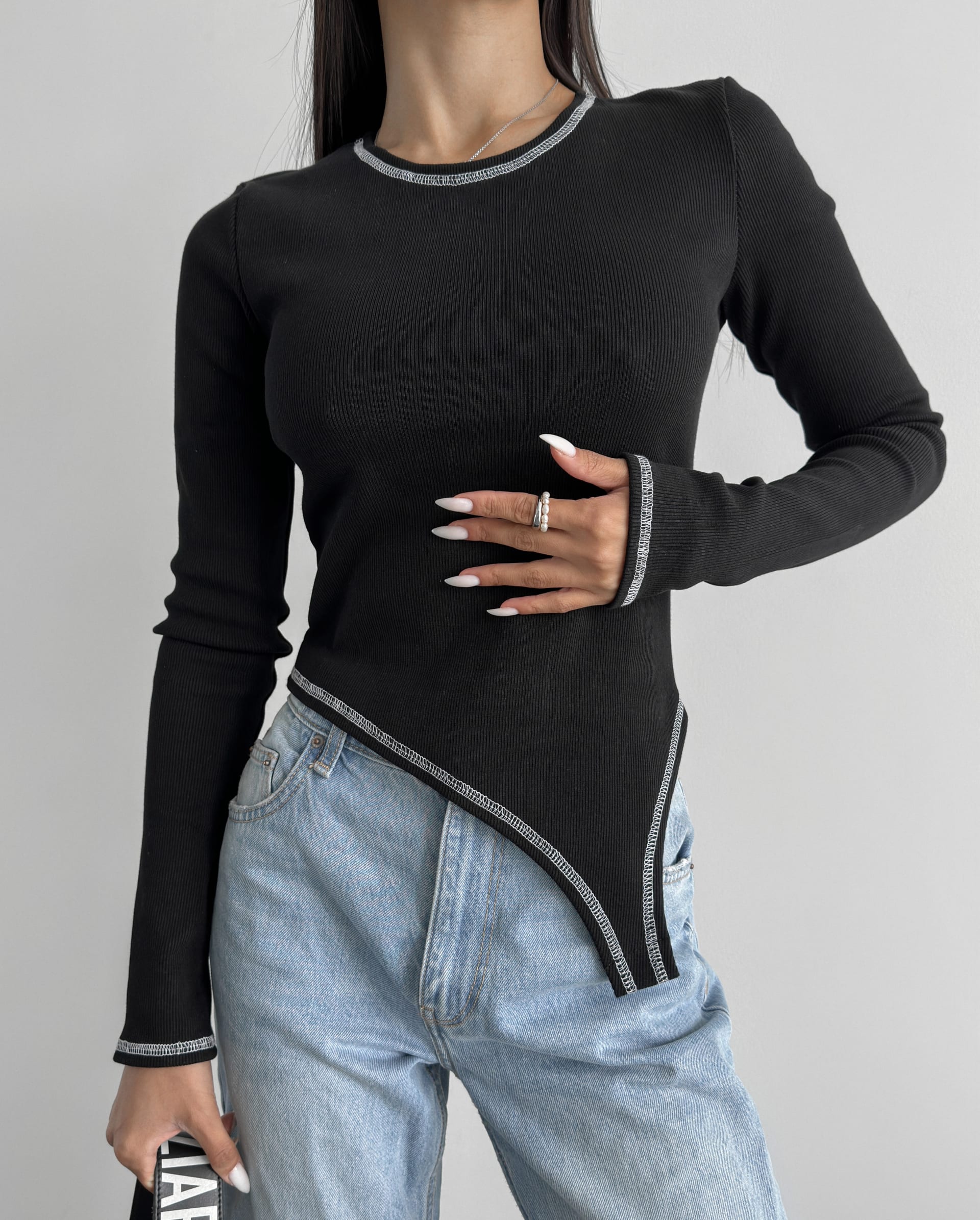 Asymmetric ribbed long-sleeve top – black — photo 3