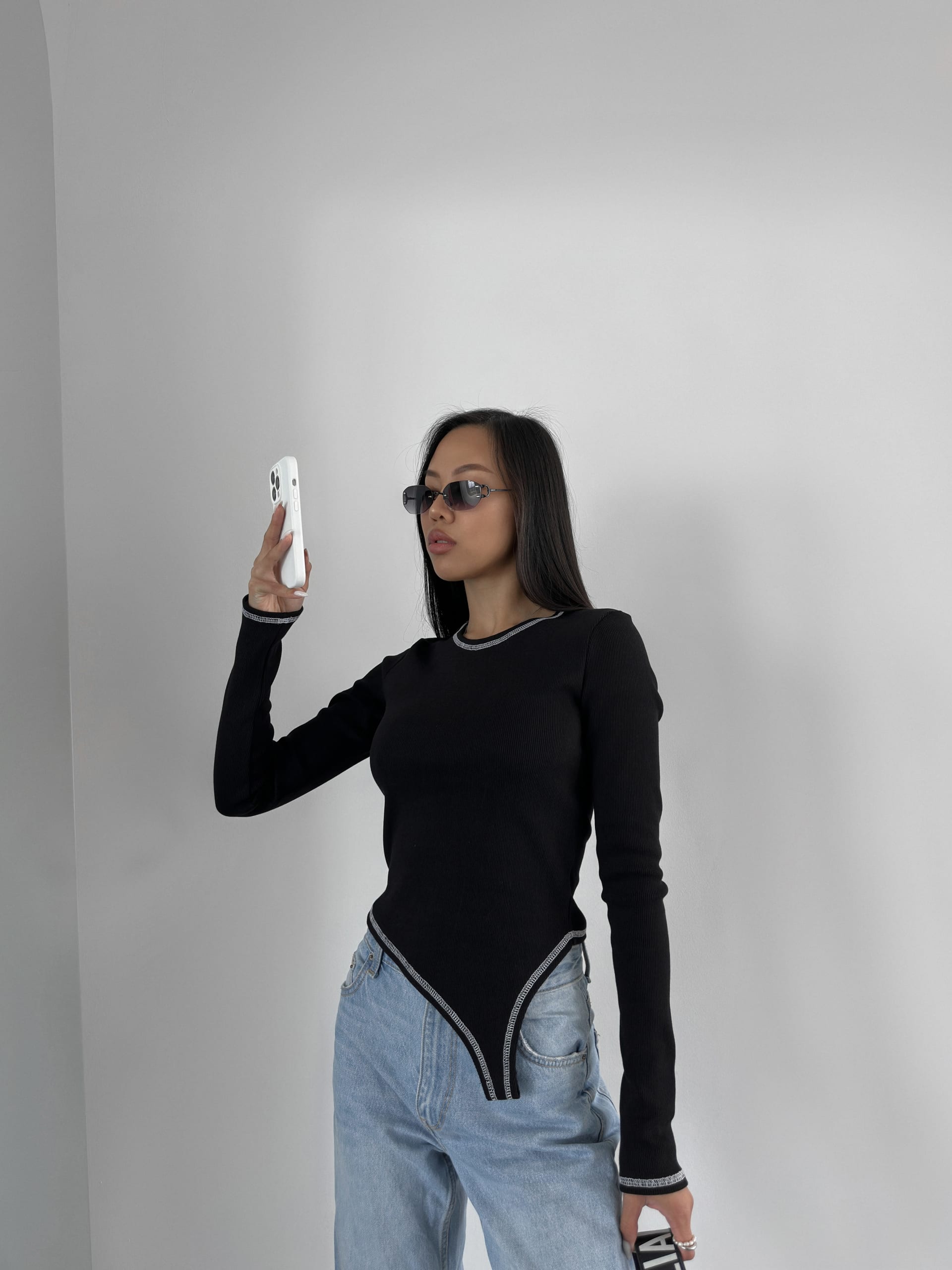 Asymmetric ribbed long-sleeve top – black — photo 4