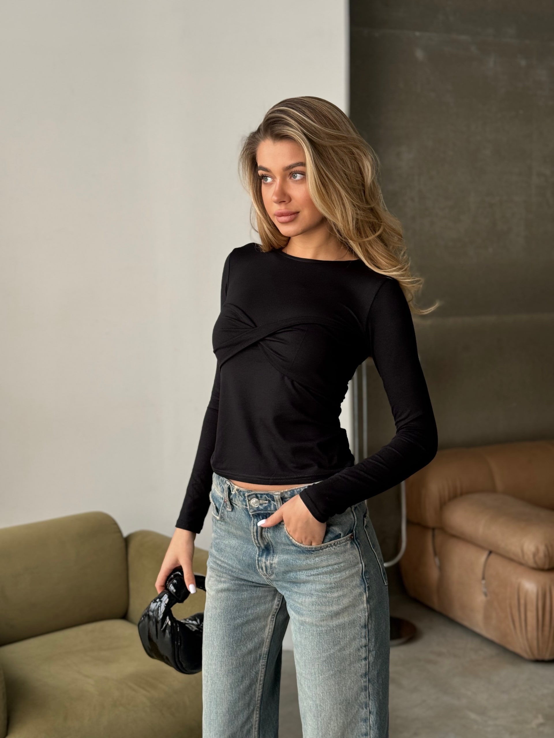 Long-sleeve top with draped bust – black — photo 4