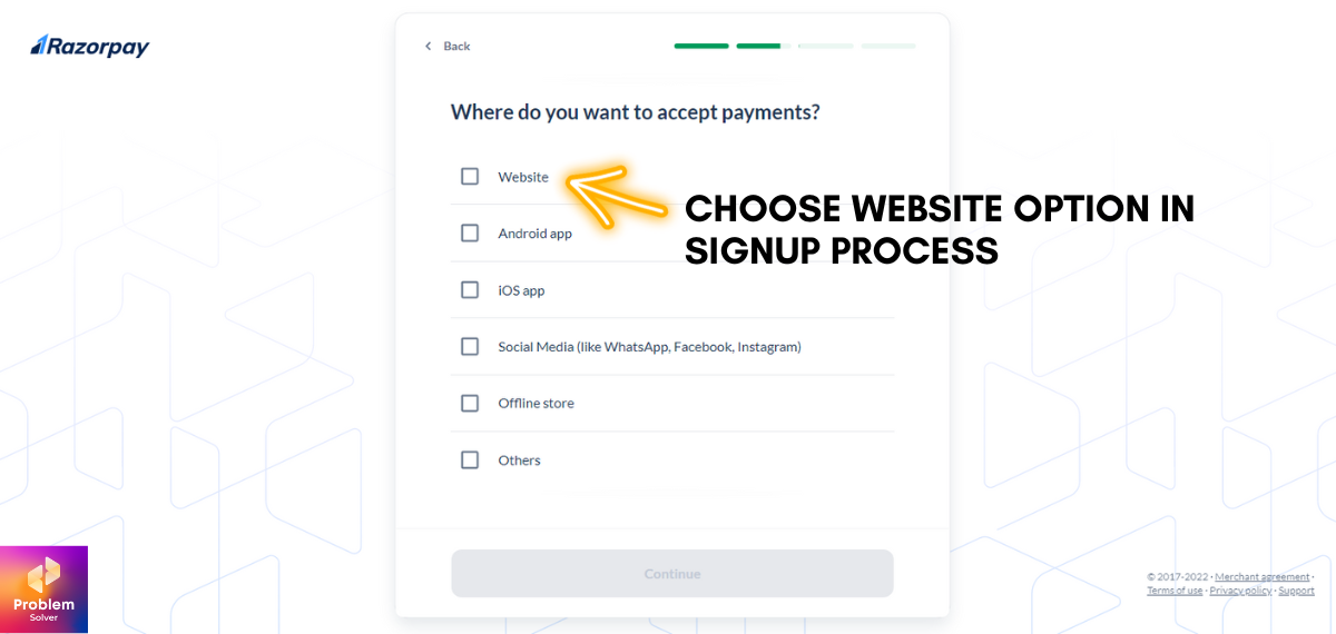 Choose Website Option in the signup Process of