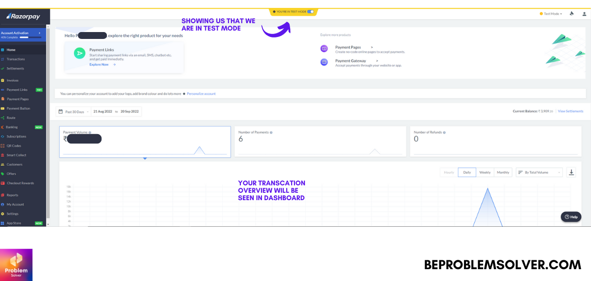 Dashboard of Razorpay after Signup Process