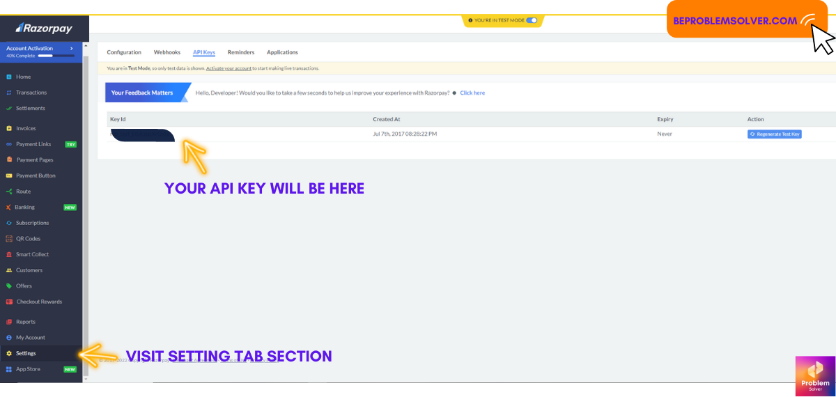 Generate API Key in Razorpay PHP integration