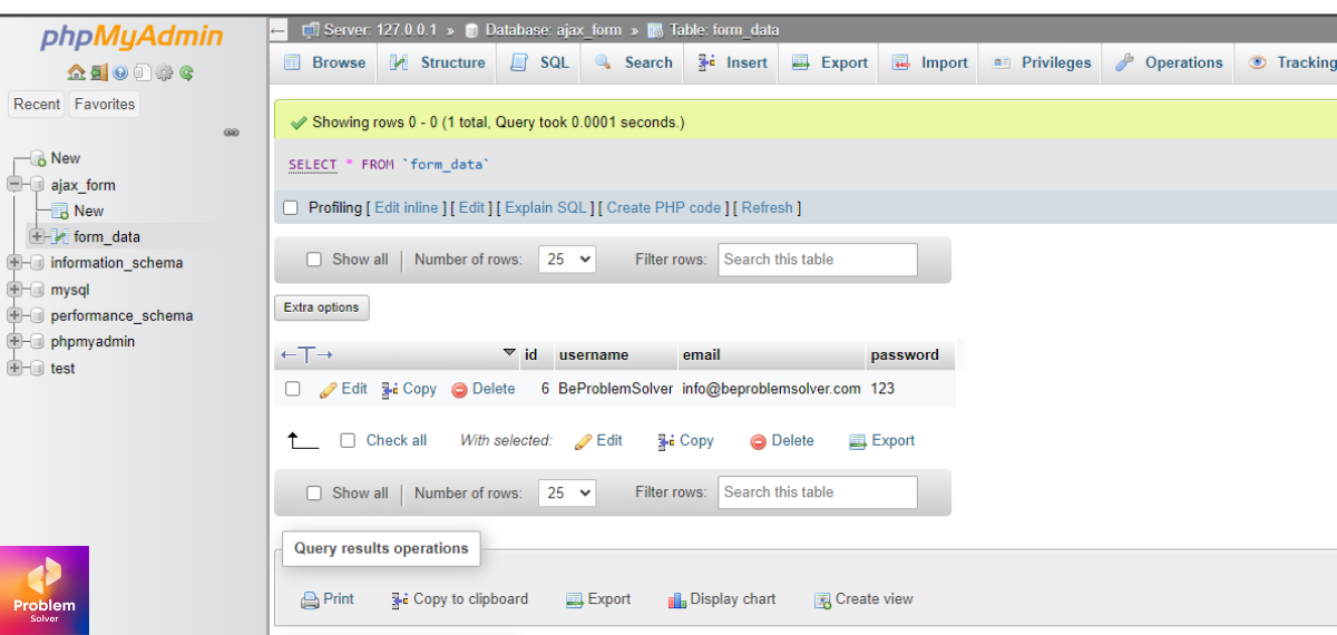 Image of Database for jQuery Submit Form with Ajax