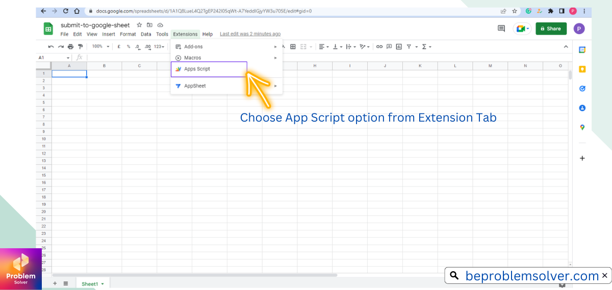 Image of choosing the App Script option from the Extension Tab