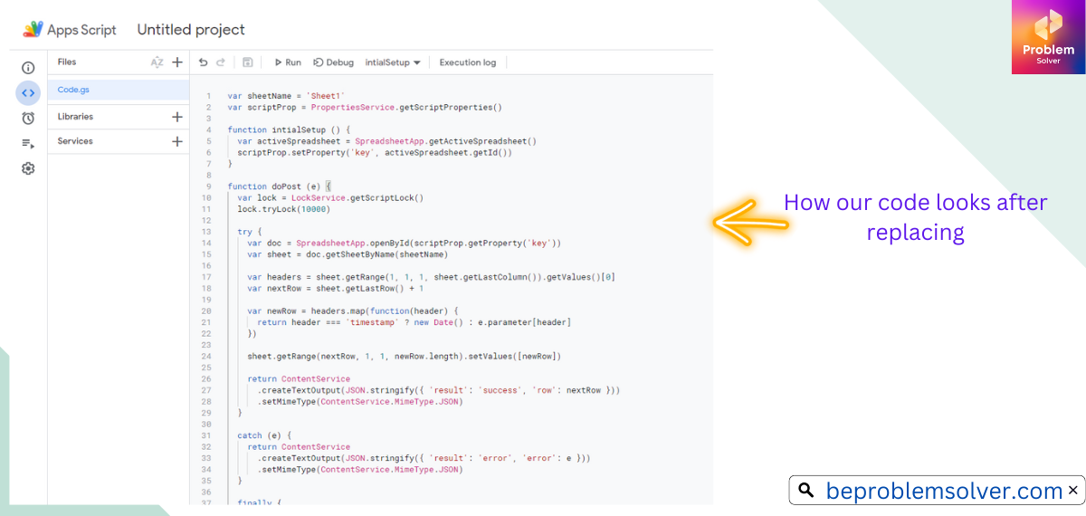 Image of How our code looks after replacing code in the App Script of Google Sheet