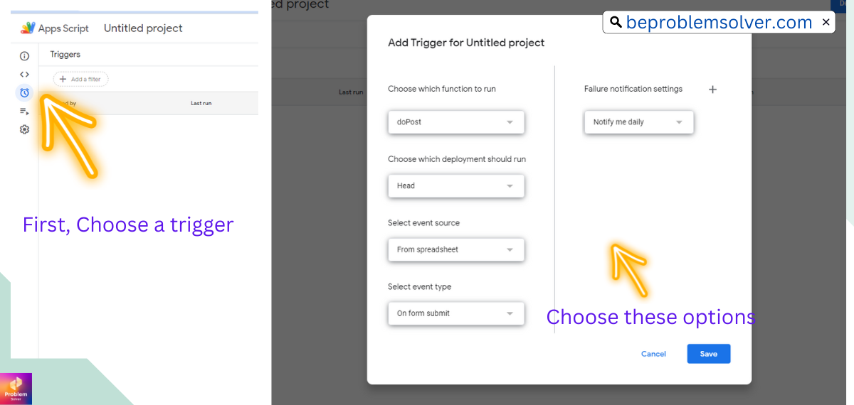 Image explaining how to add Trigger and its options in Google Sheet App Scrip