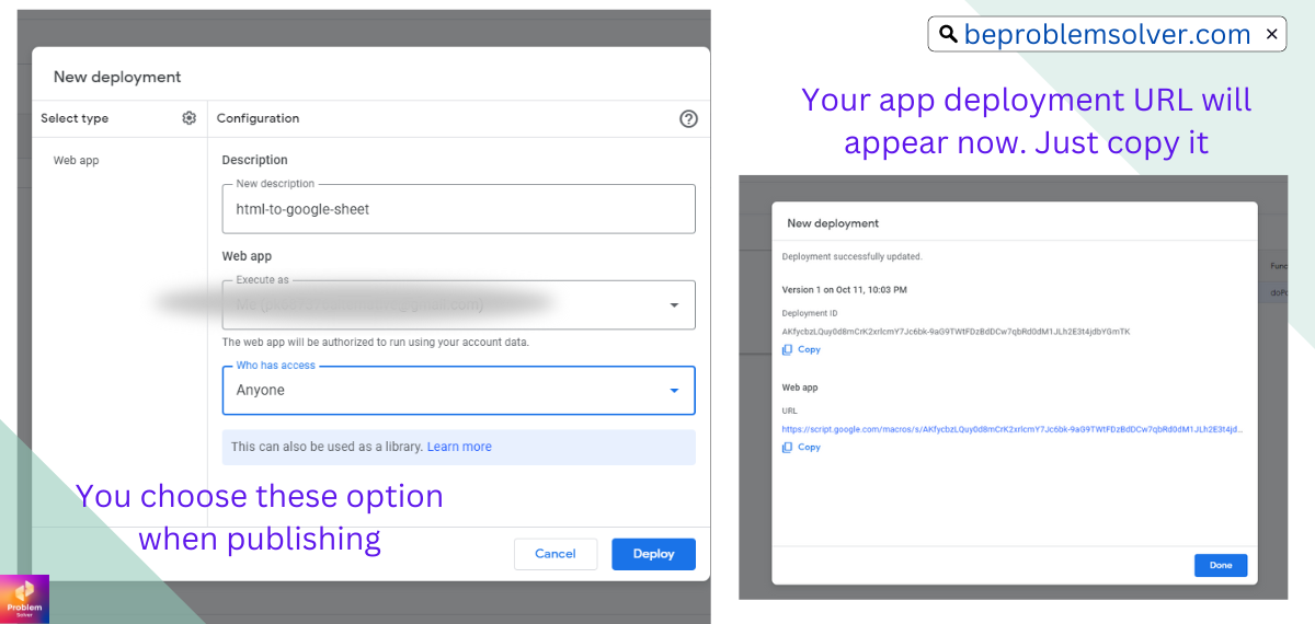 Getting the final URL for our HTML Form to Google Sheet