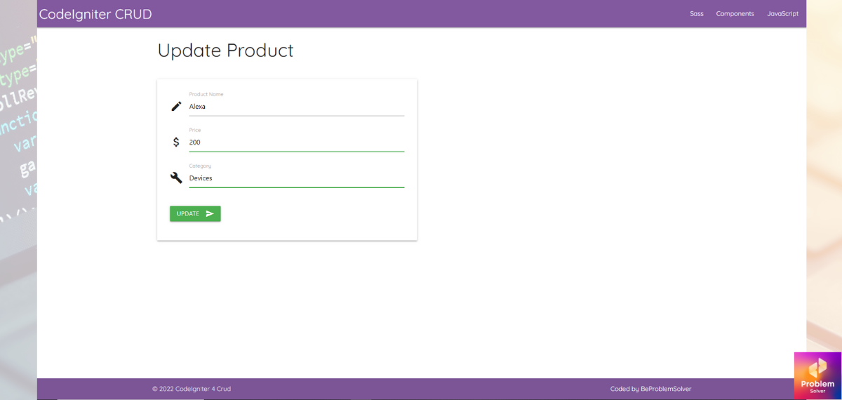 Image of Update Functionality in CodeIgniter Crud Project