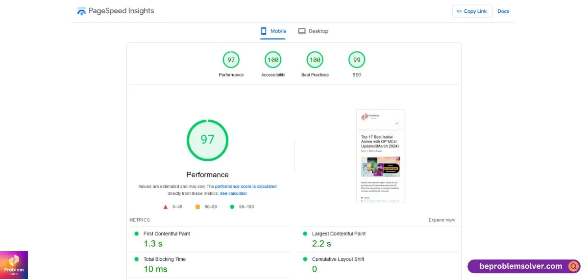 Optimize WordPress for improved speed performance - our proof in PageSpeed Insights.