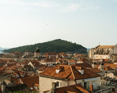 A view of Old Town Dubrovnik early in the morning during golden hour.