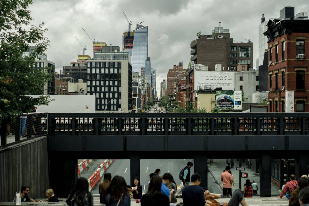 An overcast view of the Chelsea district in New York City from the Highline.