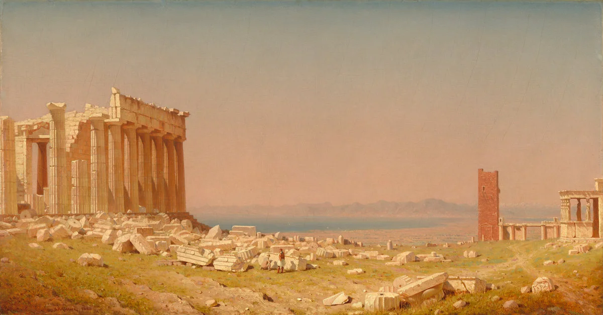 A painting of the Parthenon with a generous clear sky.