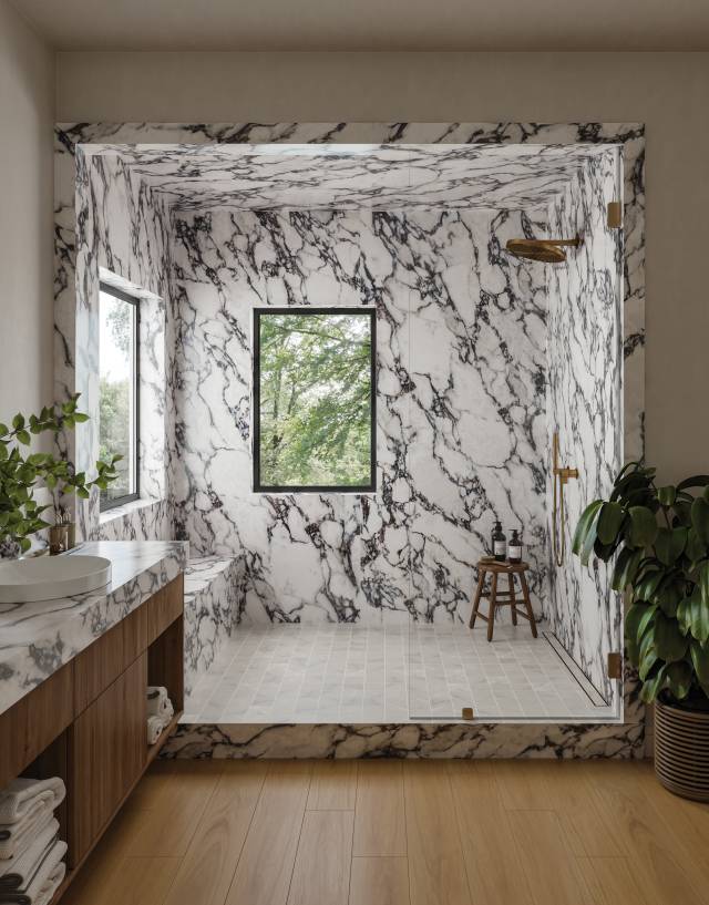 Gallery | Taj Mahal Slab, Celine Trim and Celine Tile in Bathroom