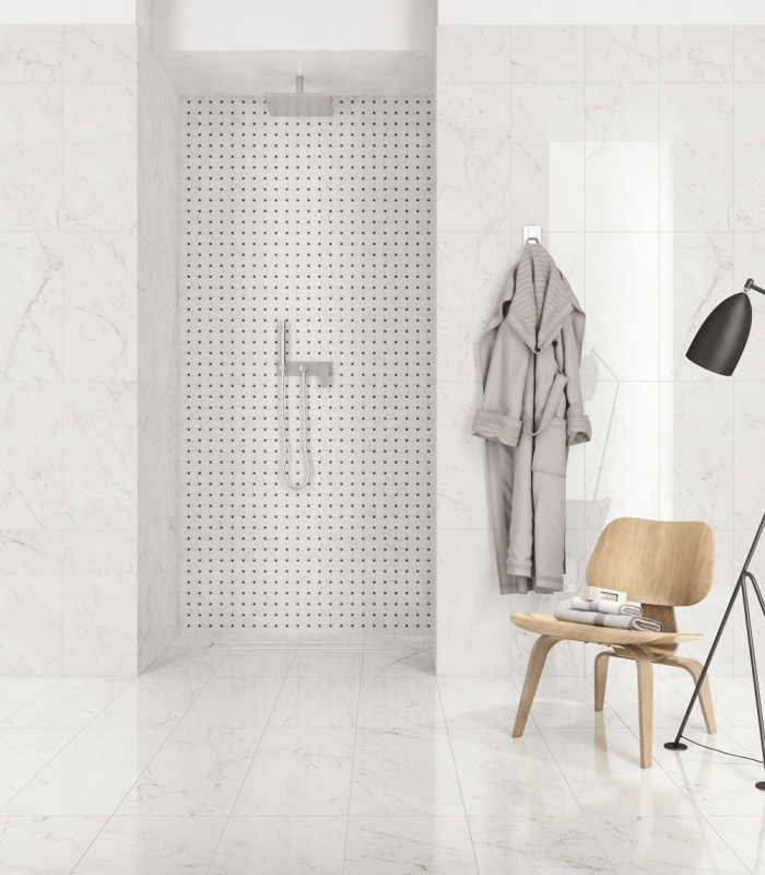 Classic 2.0 2x2 polished porcelain basketweave mosaic in Bianco Carrara