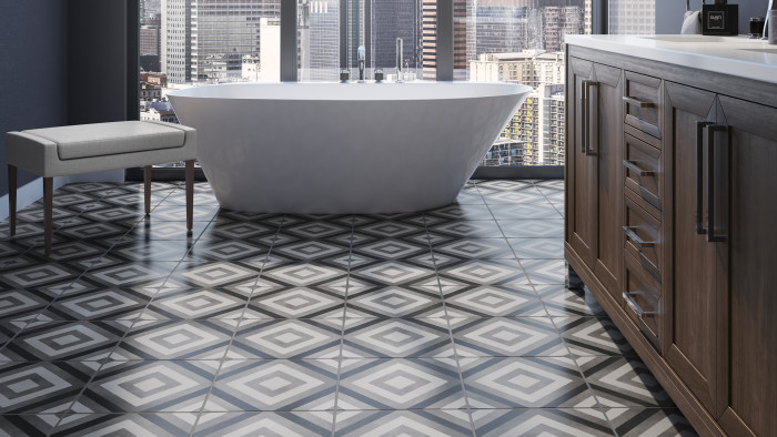 Chateau 12x12 porcelain tile in Diamond Deco (Smoke, Canvas and Midnight colors)