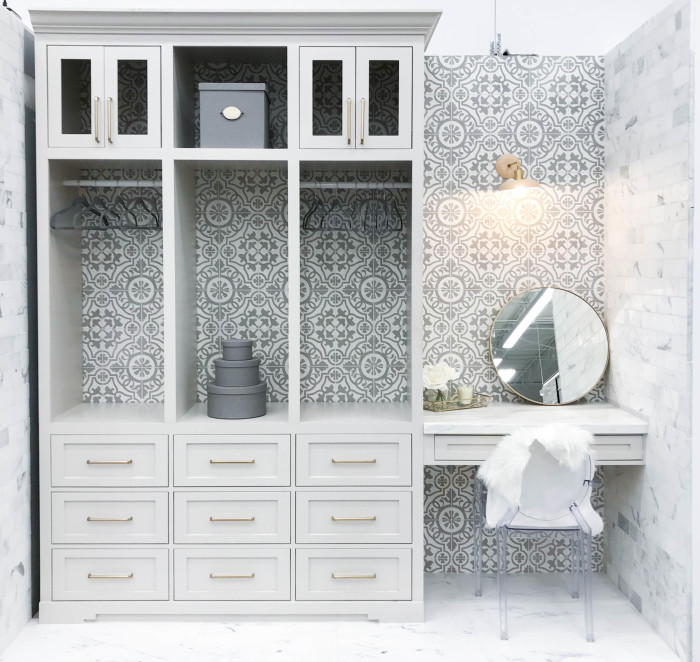 Closet and vanity wall: Remy 8x8 cement tile in Damsel | Side walls: Calacatta Oro 3x12 honed marble tile | Floor: Calacatta Oro 18x36 honed marble tile