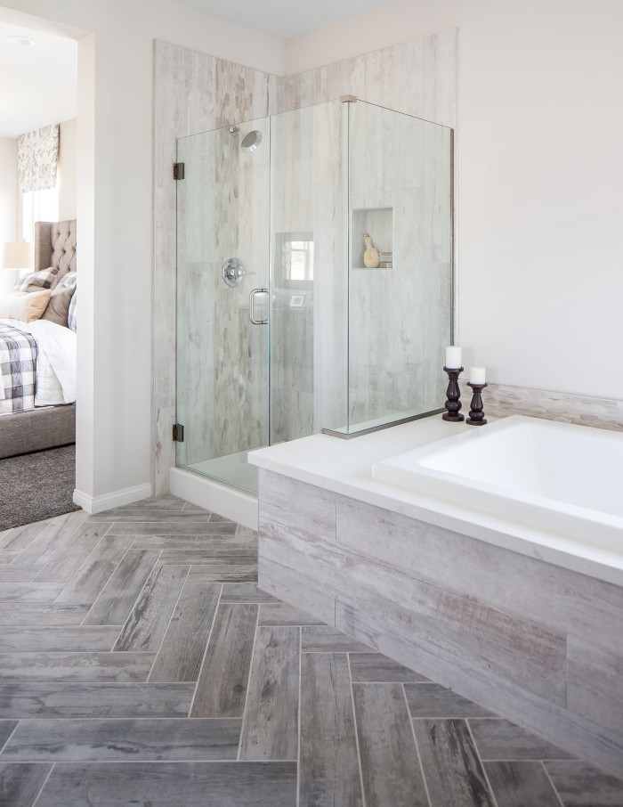 grey wood grain tile bathroom