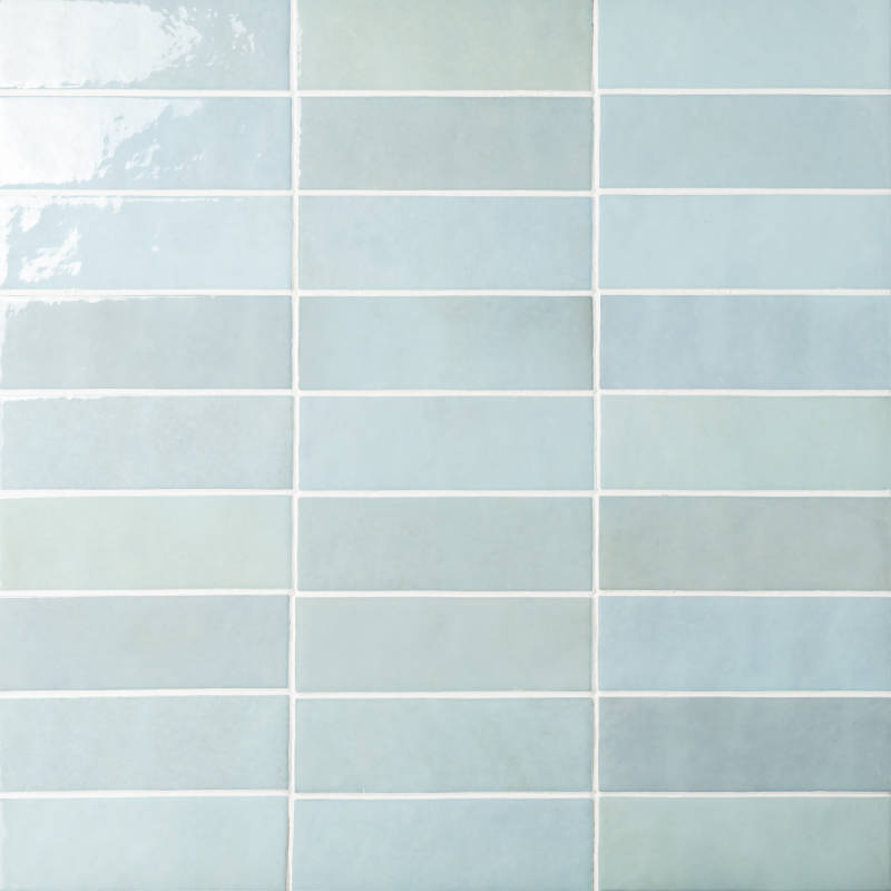 Baby Blue ceramic backsplash tile from the Cloe collection, square 5x5 and rectangular sizes, glossy finish, suitable for walls and shower walls.