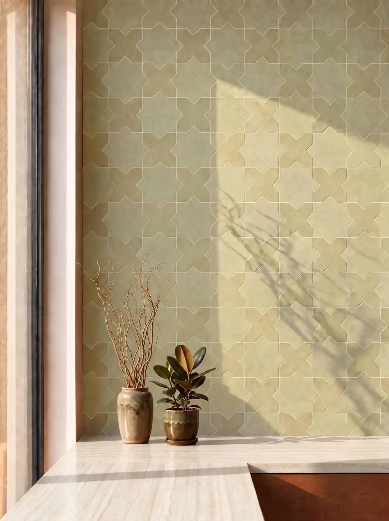 Wall of Hikari Cross and Star in sunlight with branch shadows