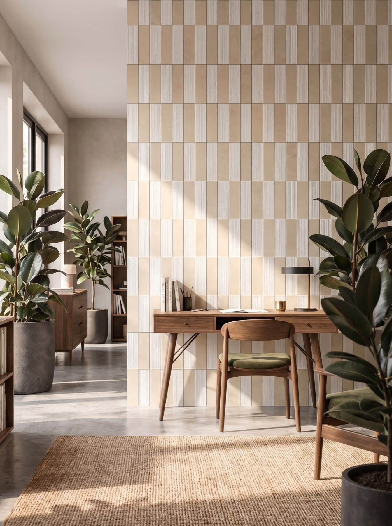 Almond deco and Fawn field tile in a stacked 2 inch by 8 inch pattern on a home office wall