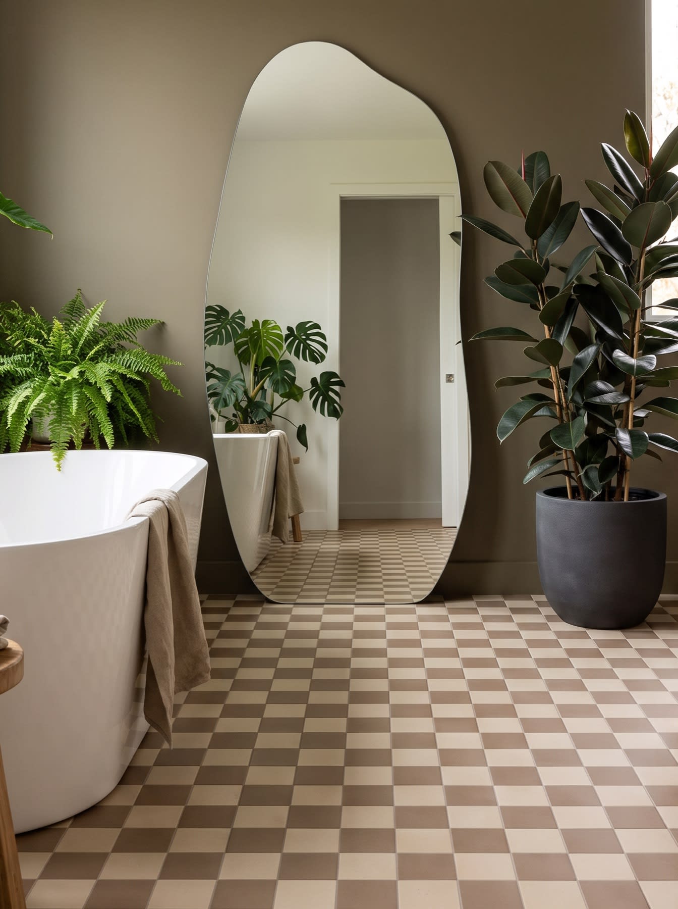 Clay and Fawn field tile checkerboard floor in a bathroom with a freestanding tub