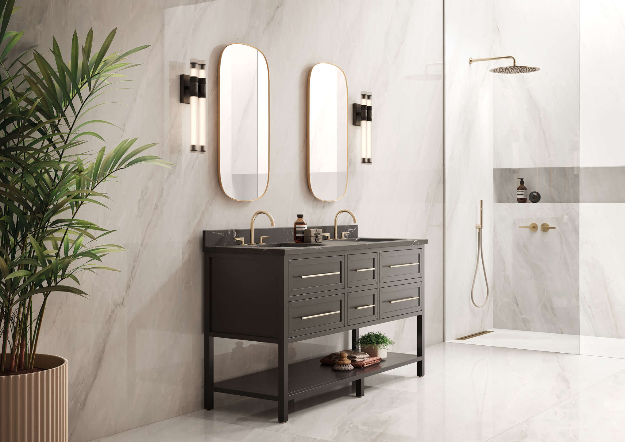 Luxurious bathroom with Bedrosians' Magnifica porcelain panels