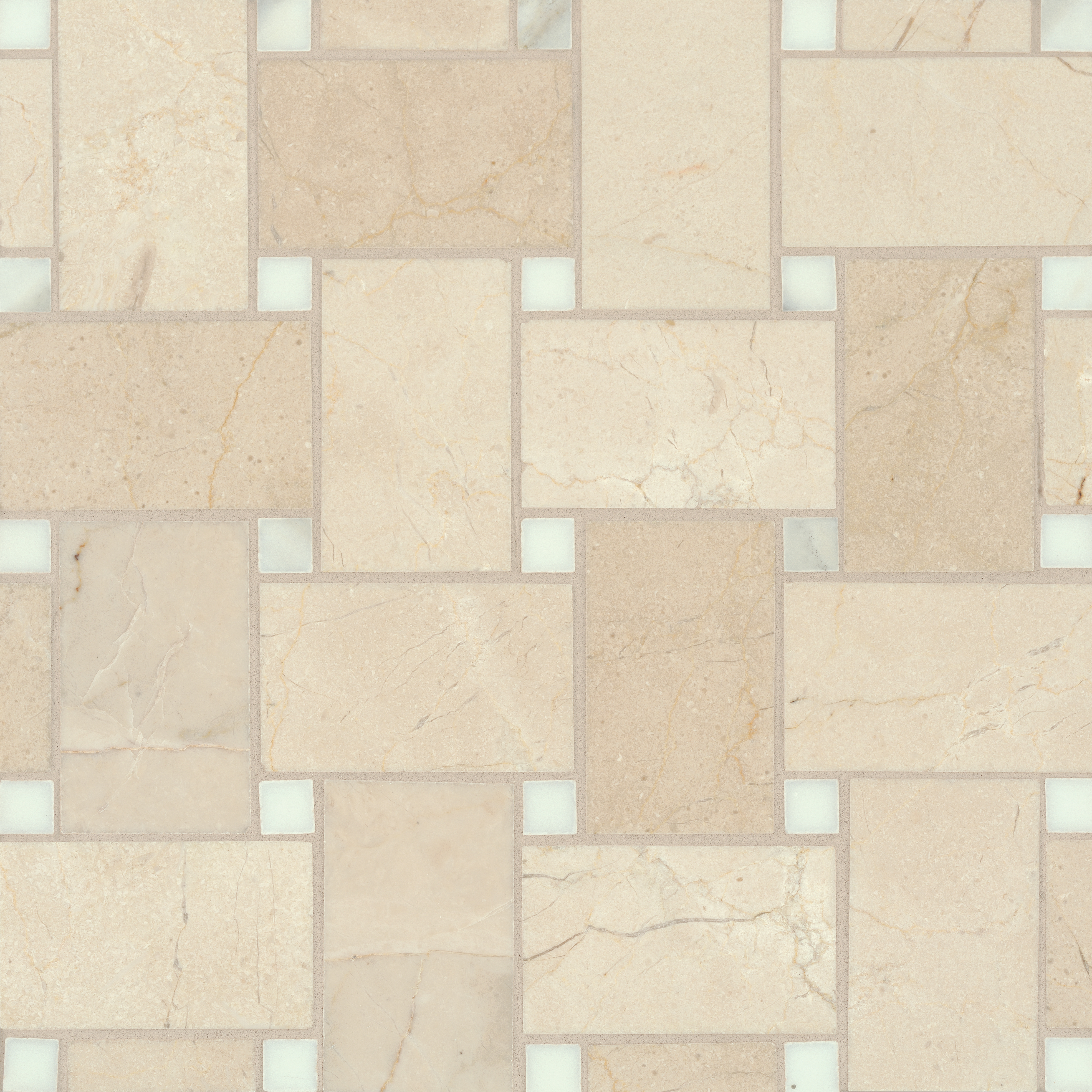 Jumbo Basketweave Honed Marble in Crema Marfil with Calacatta Dot