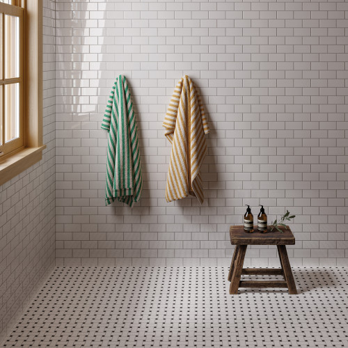 Le Cafe 2" x 4" Off Set Mesh Mount Glossy Porcelain Mosaic Tile in White