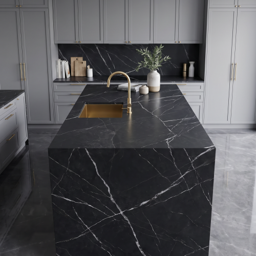 Magnifica Encore 64" x 127" - 12mm Bush Hammered Bookmatched Porcelain Slab in Calacatta Black