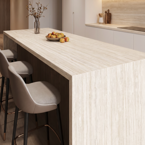 Magnifica Encore 64" x 127" - 12mm Bush Hammered Porcelain Slab in Travertino Bianco 