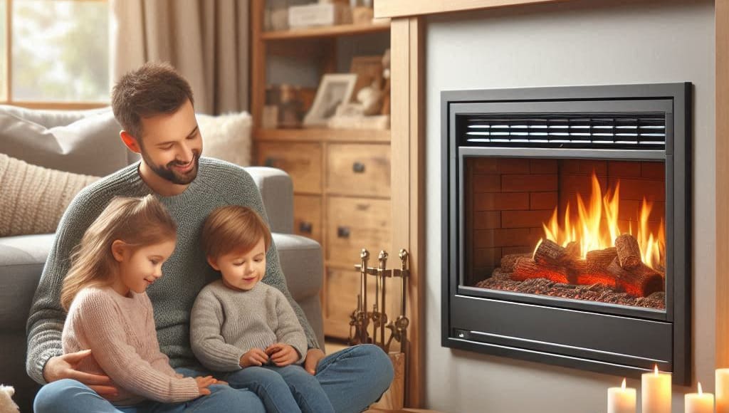 Family sitting in front of a lit fireplace, enjoying the warmth and comfort