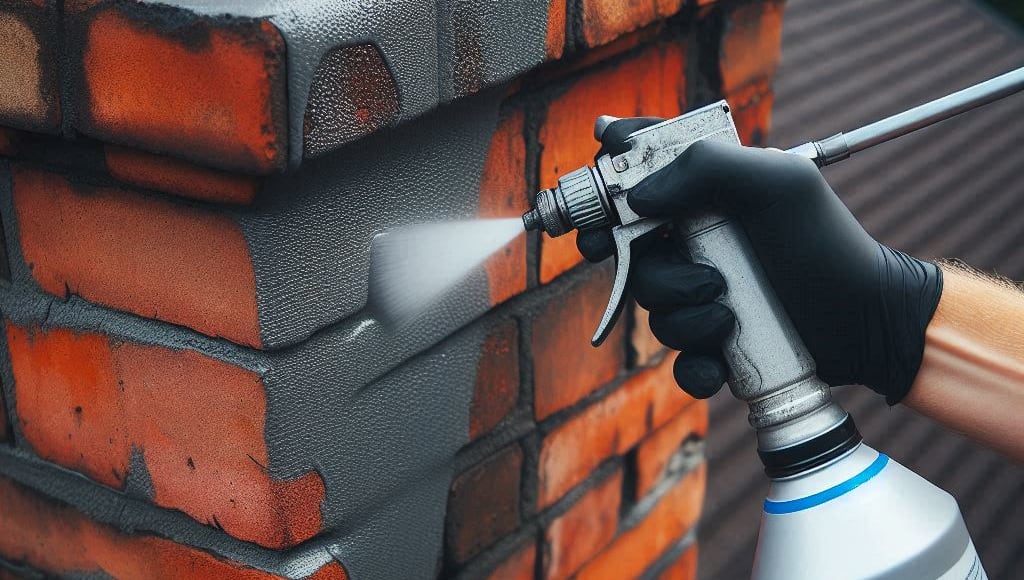 A person wearing a black glove is spraying a chimney with a liquid from a spray bottle.