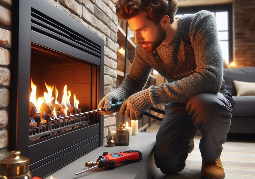 A person tending to a gas fireplace, wearing protective gloves and using tools to adjust the gas logs.