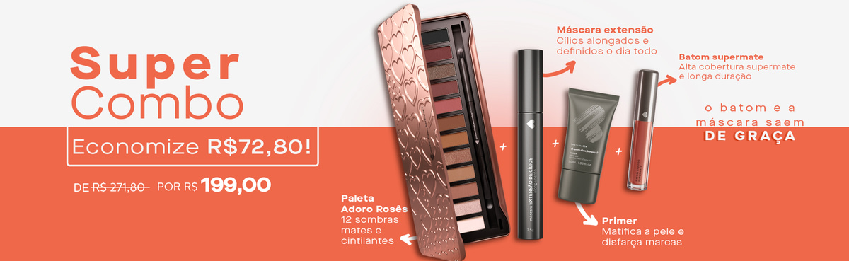 Kit Paleta Adoro, Máscara Extensão de Cílios, Batom e Primer