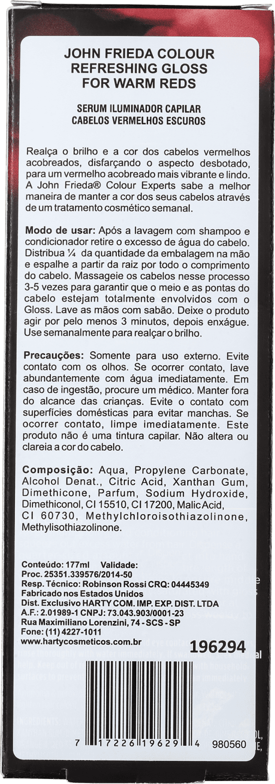 John Frieda Colour Refreshing Gloss For Warm Reds - Sérum Tonalizante 177ml