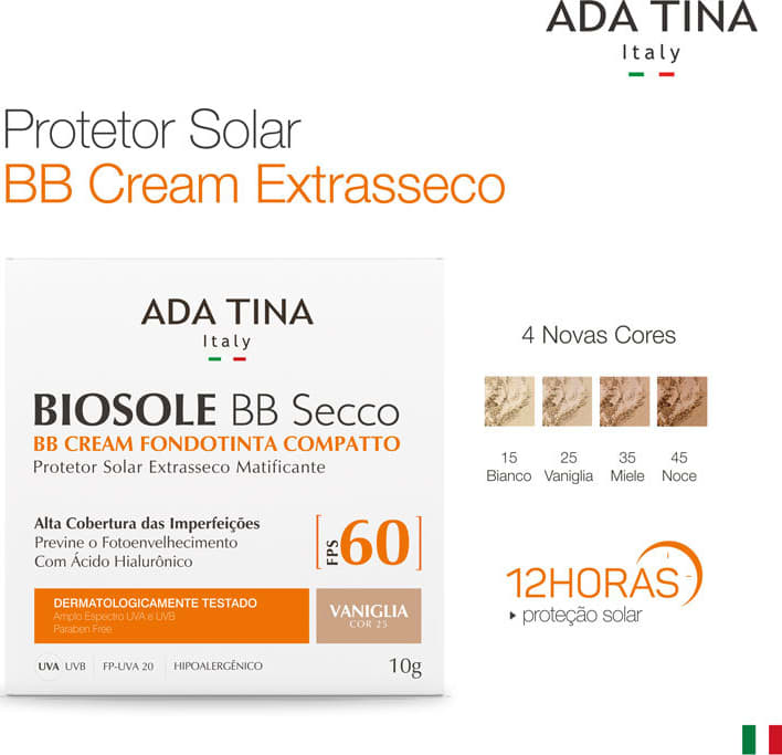 Ada Tina Biosole BB Secco FPS60 Vaniglia - Protetor Solar Facial com Cor 10g