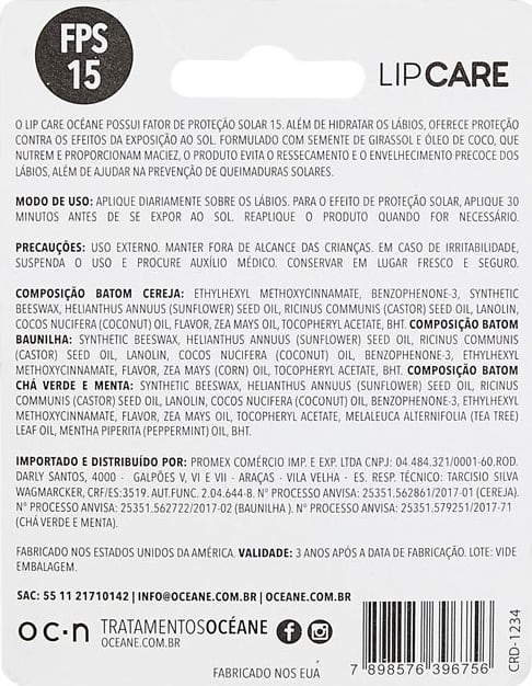 Lip Care - Protetor Labial Cereja, Baunilha e Chá Verde com Menta 3UN