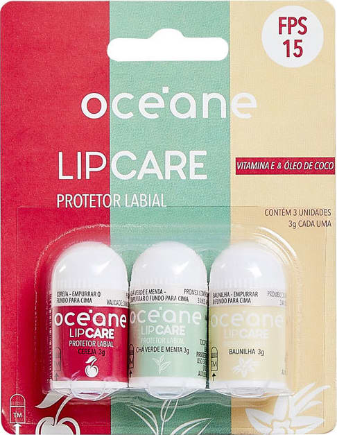 Lip Care - Protetor Labial Cereja, Baunilha e Chá Verde com Menta 3UN