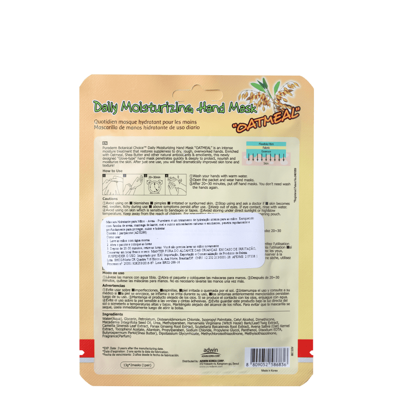 Purederm Oatmeal - Máscara Hidratante para as Mãos (1 par)