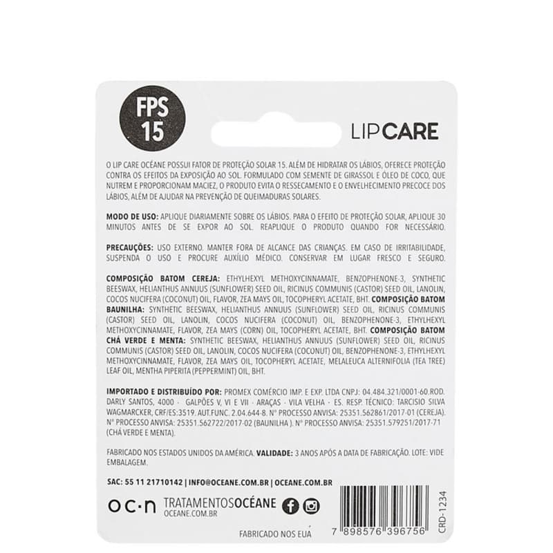 Lip Care - Protetor Labial Cereja, Baunilha e Chá Verde com Menta 3UN