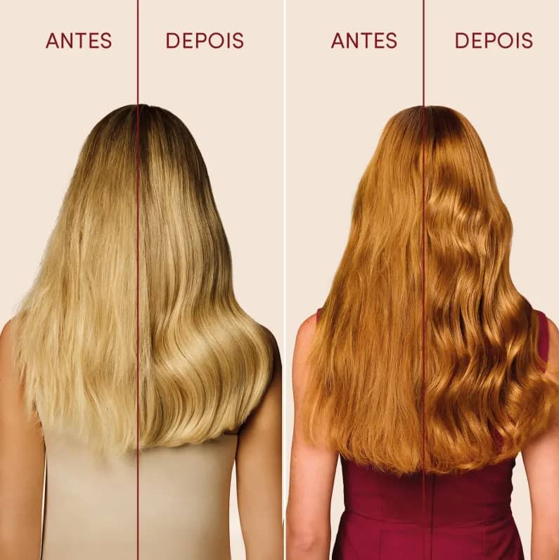 Duas mulheres de cabelos longos fotografadas de costas com o resultado de antes e depois do tratamento.