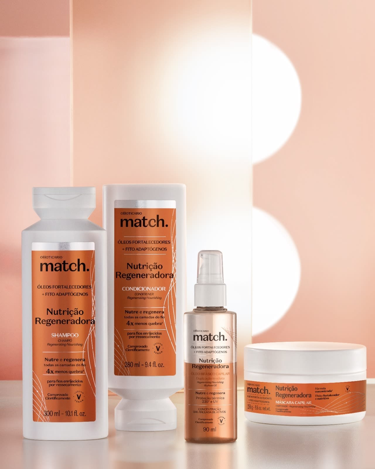 A imagem mostra os produtos da linha Match Nutrição Regeneradora