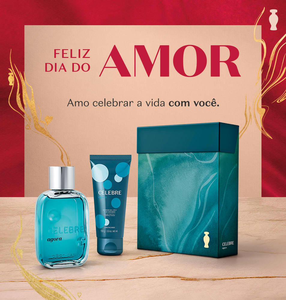 Kit Celebre em cenário com cores bege e vermelho. O texto diz: "Amo celebrar a vida com você. Feliz Dia do Amor!"
